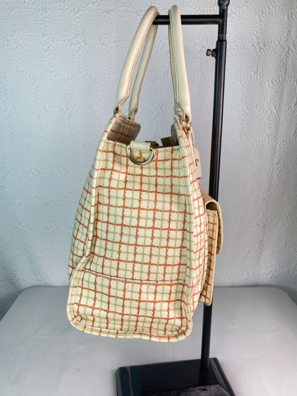 Tory Burch Priscilla Grid Satchel Ivory Orange Leather Top Handle 🌼 Arden - Picture 6 of 17